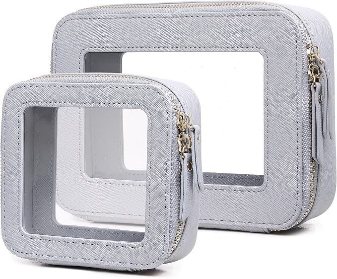 Pinkmik Clear Makeup Bag, (Gray, M+MINI) | 2PC,Waterproof, Travel Case for Cosmetics and Toiletries, Women's Purse Organizer, Clear Car Bag with Zipper by Pinkmik