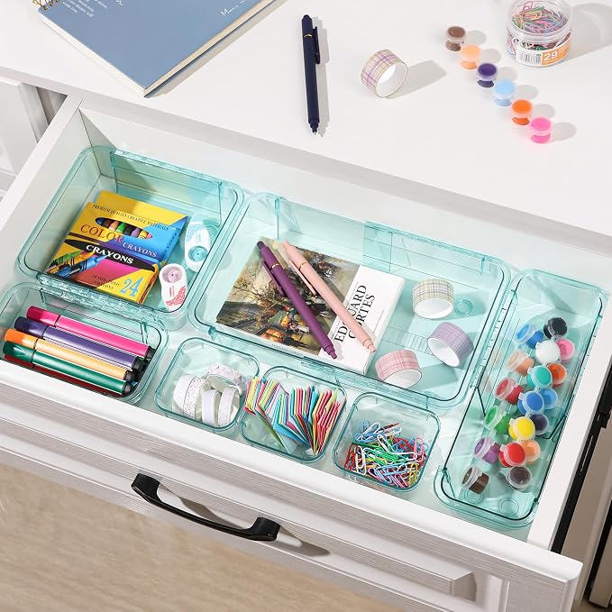 25 Pcs Clear Drawer Organizer, Adjustable Drawer Storage Box, 3-Size Desk Drawer Organizer, Acrylic Storage Bins for Makeup, Kitchen Utensils, Bedroom Dressers Tool Organizer for Gadgets, Blue - Image 5