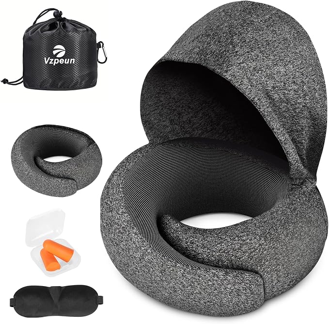 Travel Pillow - Hooded Neck Pillow Airplane Memory Foam Filling | for Plane, Office, Cars Sleeping, Road Trip, Long Flights Essentials, Includes Eye Mask & Earplugs (Dark Gray) - Image 6