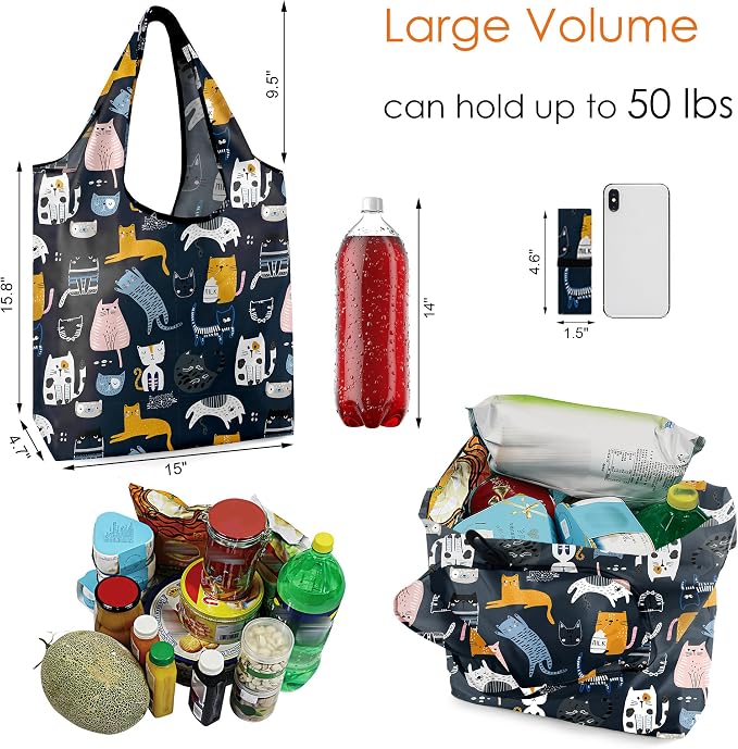 BeeGreen 6 Pack Cats Reusable Grocery Bags Gifts for Cat Lovers with Elastic Band Reusable Shopping Bags Bulk 50LBS X-Large Foldable-Machine Washable-Heavy Duty - Image 3