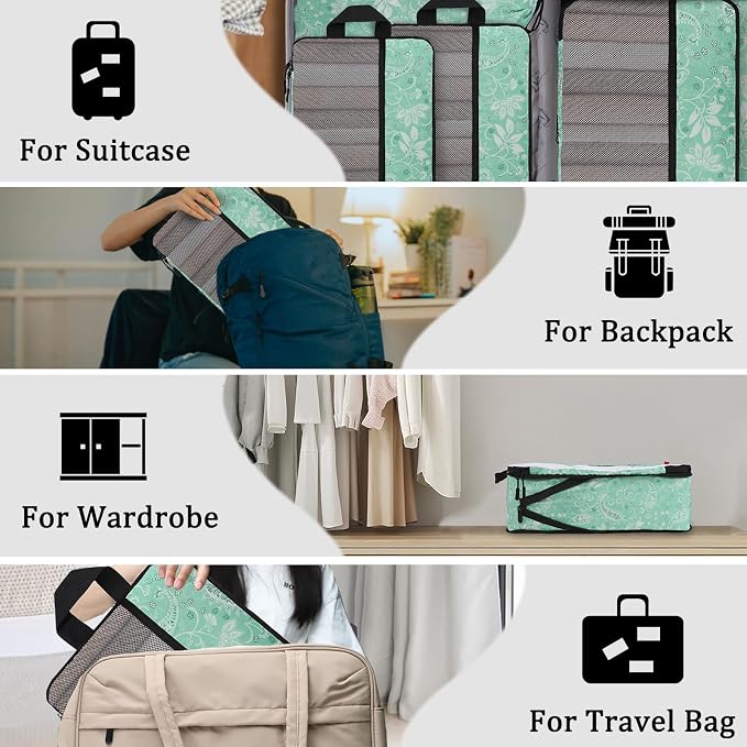 U+U 6 Set Compression Packing Cubes, Travel Organizers (Green Paisley) | Space-Saving & Drawstring Bag Included - Image 7
