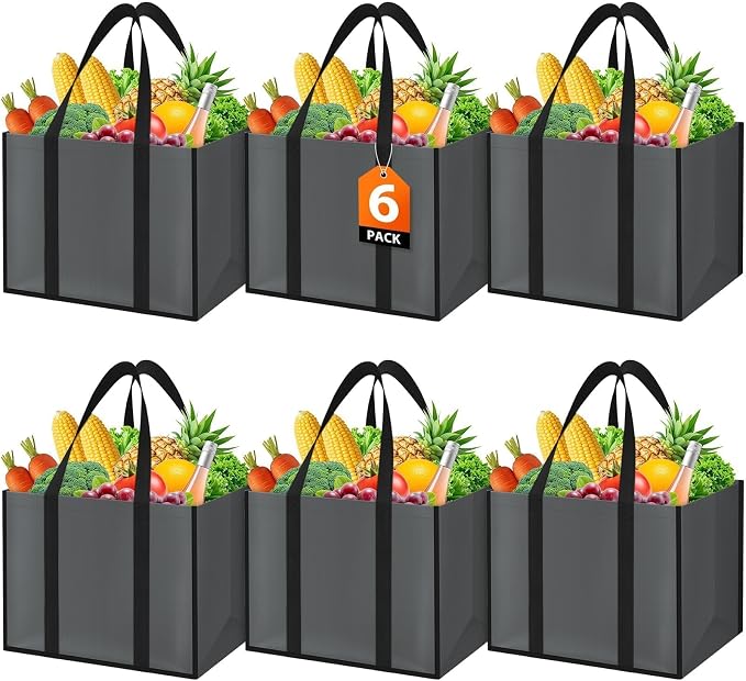 WISELIFE Reusable Grocery Bags, Foldable, Lasting Use, 35L, 6 Pack, Gray | Large Shopping Bags with Reinforced Stitching, Water-Resistant Grocery Totes for Kitchen, Market, Car Trunk, Picnic by WiseLife