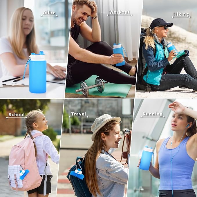 Collapsible Water Bottles 19oz with Spout & Carabiner, Odorless BPA-Free Silicone, Leak-Proof Foldable Reusable Bottle - Perfect for Travel Sports Gym Hiking Camping Cycling - Clear Blue - Image 7