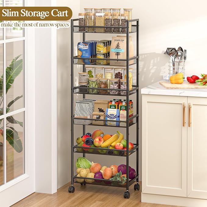 6 Tier Slim Rolling Storage Cart, Narrow Mobile Shelving Unit Organizer Utility Cart with Wheels, Metal Wire Storage Rack with Baskets for Kitchen, Bathroom, Laundry & Living Room, 10in(W) Black - Image 5