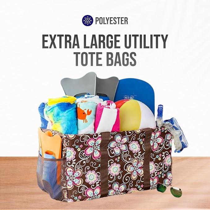 Extra Large Utility Tote Bag - Oversized Collapsible Reusable Wire Frame Rectangular Canvas Basket With Two Exterior Pockets For Beach, Pool, Laundry, Car Trunk, Storage - Brown Daisy - Image 7