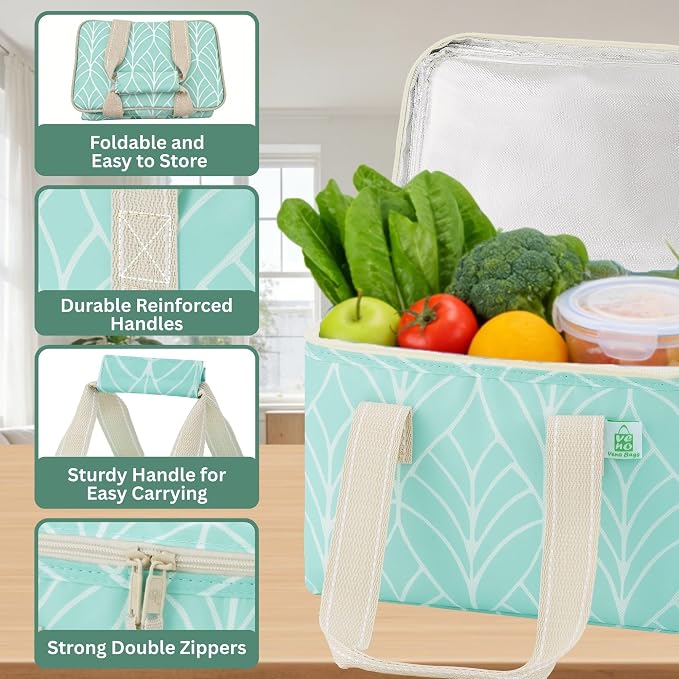 VENO 2 Pack Small Cooler Insulated Lunch Bag Reusable Grocery Shopping Bag | Collapsible Lunch Box Tote for Women Men w/ Handles, Dual Zippers, 9L Capacity for Work Office Picnic Beach (Evergreen) - Image 5