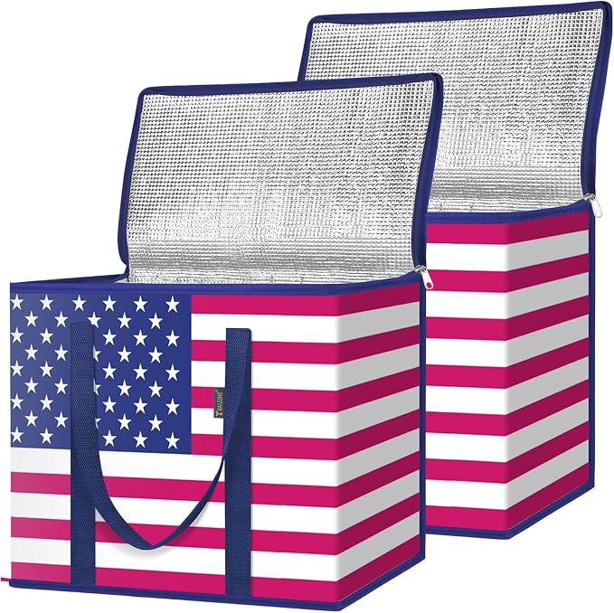 BALEINE 2PK Insulated Reusable Grocery Bags, Collapsible Cooler Bag for Groceries, Heavy Duty Large Insulated Bag (16''x9''x13'', Patroit Celebration) by BALEINE