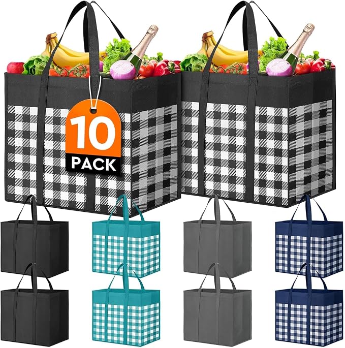 Reusable Grocery Shopping Bags 10 Pack Large Foldable Tote Bags Bulk | Eco Produce Bags with Long Handle for Shopping Groceries Clothes (Plaid B) by WiseLife