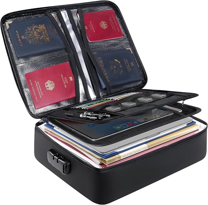 BALEINE Fireproof Document Box with Lock, Portable Fireproof Document Bag Waterproof Fire Proof File Boxes for Documents, File Organizer Box for Important Paperwork (Black, 15''x11''x4'') by BALEINE