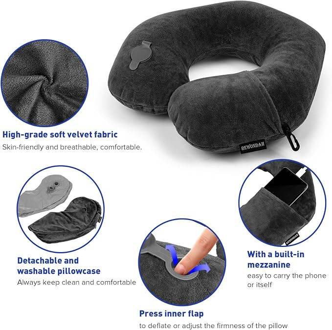 Rewondah Inflatable Travel Pillow, Inflatable Neck Pillow for Traveling Airplane, Travel Pillow with Soft Velour Washable Cover, U Shape Blow Up Neck Pillow for Airplanes Train Car Travel - Image 4