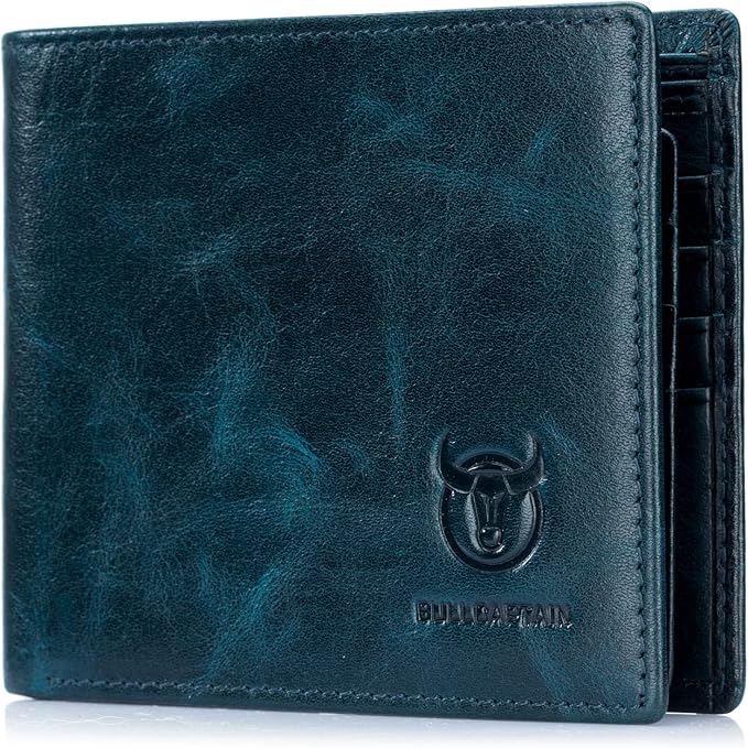 BULLCAPTAIN RFID Wallets for Men,Genuine Leather Wallet QB-05(Peacock Blue) | Slim,Bifold,Front Pocket Wallet, 2 ID Windows,11 Card Slots,RFID Blocking Technology,Gift Choice by Bullcaptain