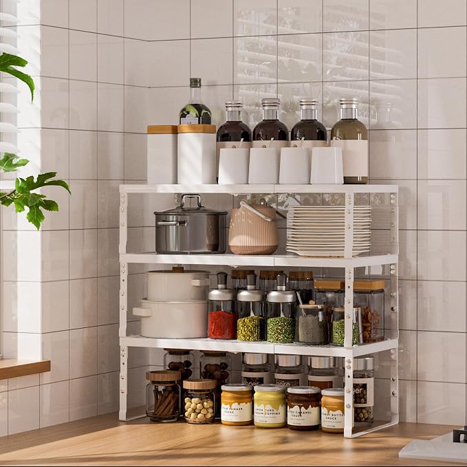 Expandable Adjustable Stackable Multi-Purpose Spice Racks,Metal Storage Rack, Practical Kitchen Pantry Shelves, Countertop for Kitchen, Bathroom, Storage Room & Other Places(1Pack/White,Medium) - Image 5