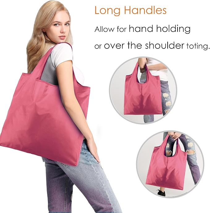 BeeGreen Pink Reusable Grocery Bags with Elastic Band Pink Reusable Shopping Bags Bulk 50LBS X-Large Foldable-Machine Washable-Heavy Duty 10 Pieces - Image 2