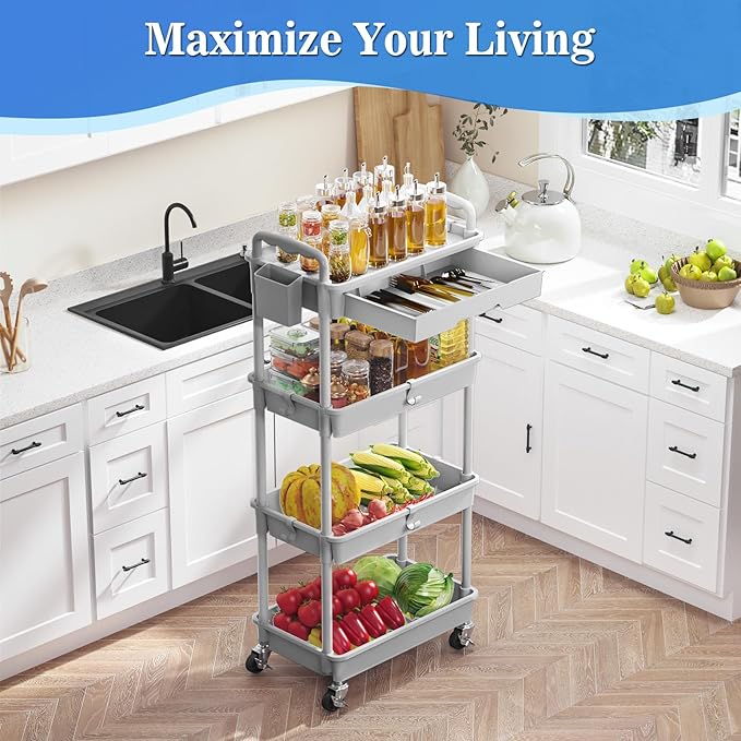 SUNALLY 4 Tier Rolling Cart with Drawer, Craft Storage Cart Organizer, Gray | Bathroom Storage Organizer with 2 Lockable Wheels, Rolling Utility Cart for Kitchen, Office, Baby, Makeup, Nail,Snack,Laundry - Image 6