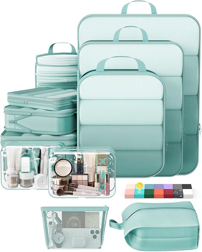 Veken 11 Set Compression Packing Cubes Garment Bags for Travel Essentials,Compressible Expandable Luggage Organizer Bags for Clothing,Space Saver Bags with Over 1000 pcs of Mesh Holes(Blue Green) by Veken