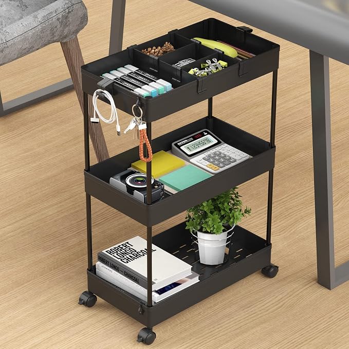3 Tier Rolling Cart with Wheels, Storage Craft Art Trolley Organizer Serving, 3 Hanging Baskets Easy Assembly, for Office, Bathroom，Living Room, Kitchen, Black - Image 7