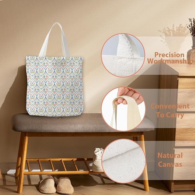 Grandmillennial Blue Floral Tote Bag for Women,Blue Floral Reusable Shopping Grocery Bags - Image 4