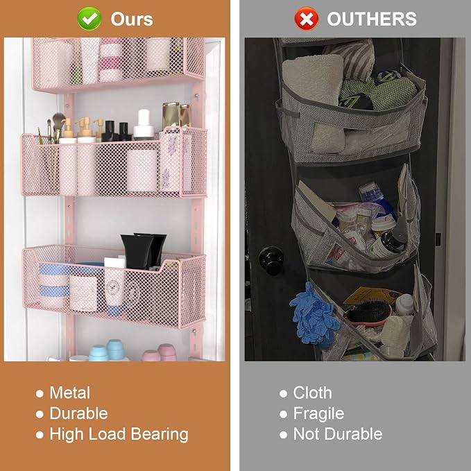 VyGrow Over The Door Organizer, Metal Door Organizer Hanging with 5 Adjustable Baskets and Coat Hook, Behind The Door Storage for Bedroom Closet Bathroom Pantry Cabinet Kitchen, Pink - Image 6