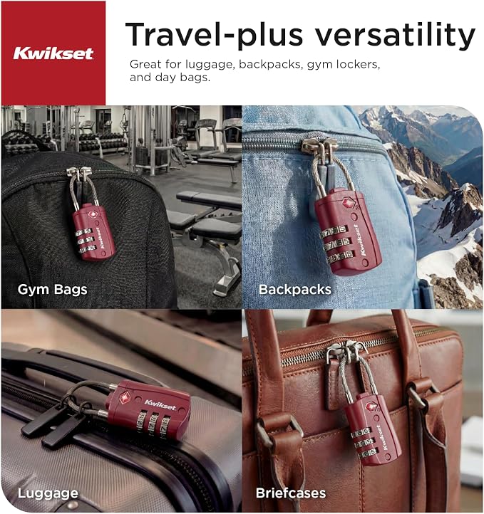 Kwikset TSA Approved Combination Luggage Lock with Cable, 2-Pack, Red | Cable Shackle Fits Odd Zipper Pulls and Duffel Handles; Pair of Resettable Locks, 1-3/16 in Body - Image 4