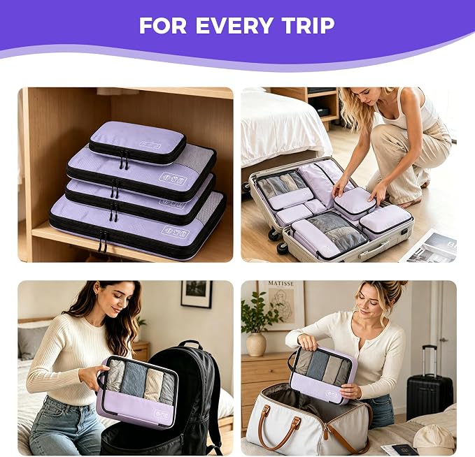 Compression Packing Cubes for Travel, 8-Piece Carry-On Suitcase Organizer | Elegant Ultralight Luggage Organizer Set for Women, Space Saving for Carry-On, Suitcase & Vacation Cruise Travel - Purple - Image 7
