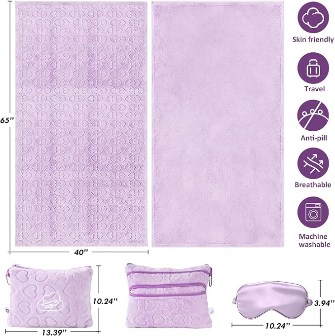 Travel Blanket, Airplane Blanket, Ultra-Soft, Warm & Lightweight, 65x40 in, Outdoor Blanket Essentials for Women, Men & Kids, Included Eye Mask, Luggage Sleeve & Backpack Clip Heart Purple - Image 7