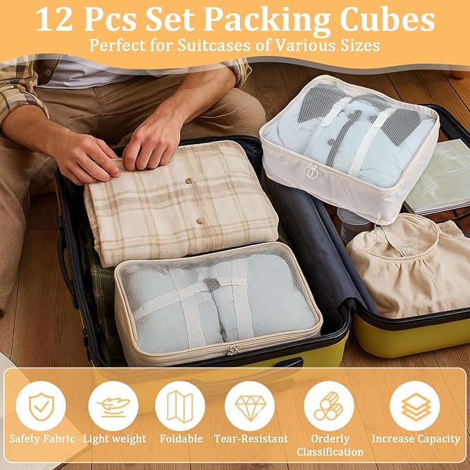 12 Pcs Packing Cubes for Suitcase Travel Luggage Bags Bulk Mesh Organizer Set for Hiking Camping Backpacking Clothes Accessories(Light Khaki, S, M, L Size) - Image 7
