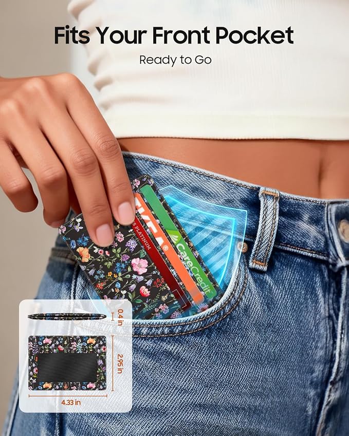 FINTIE Slim Minimalist Front Pocket Wallet RFID Blocking Credit Card Holder | Card Cases with ID Window for Men Women, black floral - Image 2