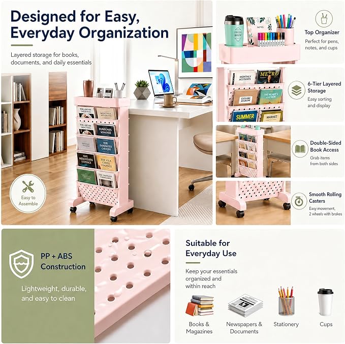BYFU 6-Tier Movable Bookshelf Cart, Pink | Rolling Wheels, File Paper Storage Organizer, Mobile Bookcase, For Home Office Study Classroom - Image 4