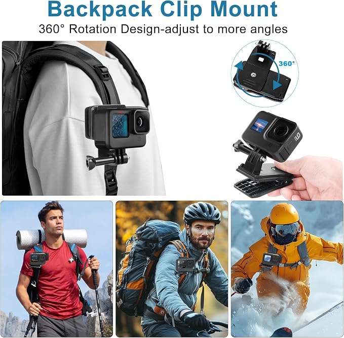 Chest Mount Harness, 4 in 1 Accessories Kit Compatible for Gopro Hero 13/12/11/10/9/8/7/6/5/4/3,Head Strap Mount,360°Rotation Wrist Strap Mount,Backpack Clip Holder,Adjustable Action Camera Mount Set - Image 6
