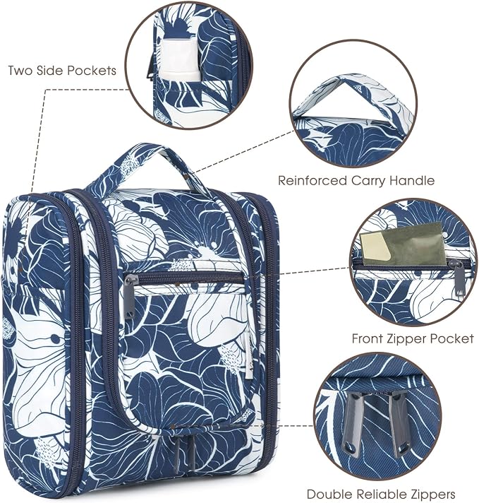 Narwey Small Hanging Travel Toiletry Bag Cosmetic Make up Organizer for Women and Men (Medium, Blue Lotus) - Image 4