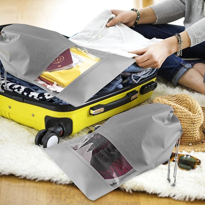 12 Pack Shoe Bags for Travel, Large Travel Shoe Bag for Packing with Window | Dustproof Drawstring Travel Shoe Storage Bags Travel Essentials for Men & Women, Grey - Image 7