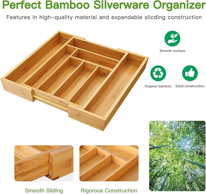 Pipishell Bamboo Expandable Drawer Organizer for Utensils Holder, Adjustable Cutlery Tray, Wood Drawer Dividers Organizer for Silverware, Flatware, Knives in Kitchen, Bedroom, Living Room(M-N) - Image 5