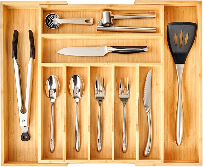 Large Expandable Kitchen Silverware Utensils Drawer Organizer, 2.5" Extra High Adjustable Drawer Divider with Curved Grooves, Bamboo Wood Cutlery Tray Flatware Holder by Umilife