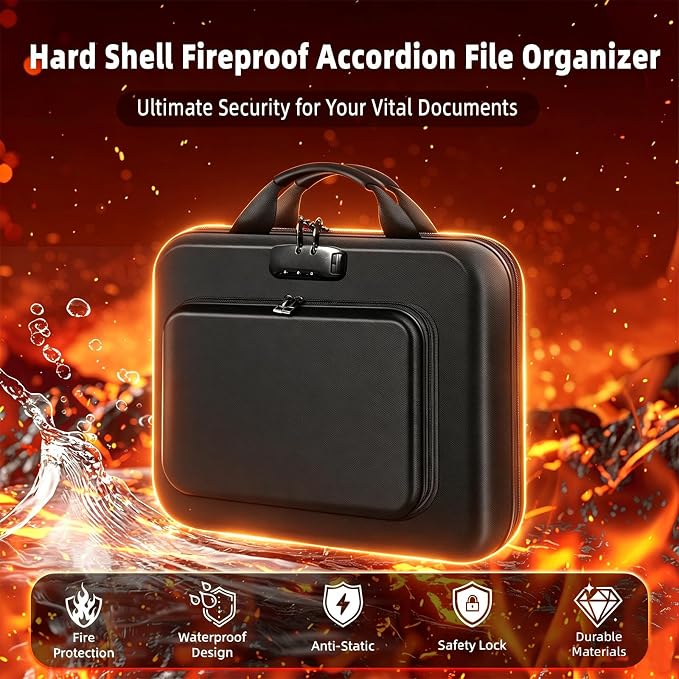 Hard Shell Fireproof Document Box with Combination Lock, 13 Pockets Accordion File Organizer, Important Document Safe for Home Office Travel, Waterproof Fire Proof Case Box for Certificates A4 - Image 7
