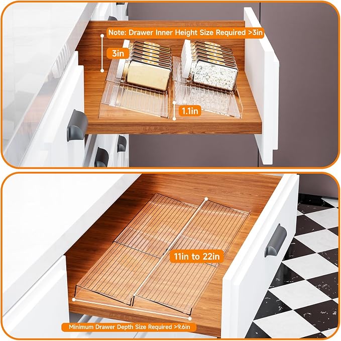 4 Pack Adjustable In Drawer Spice Organizer - Expandable From 11'' to 22'' - Acrylic Drawer Seasoning Organizer,Clear Spice Organization Tray for Cabinet Drawers Condiment,Nail Polish and Jar - Image 6