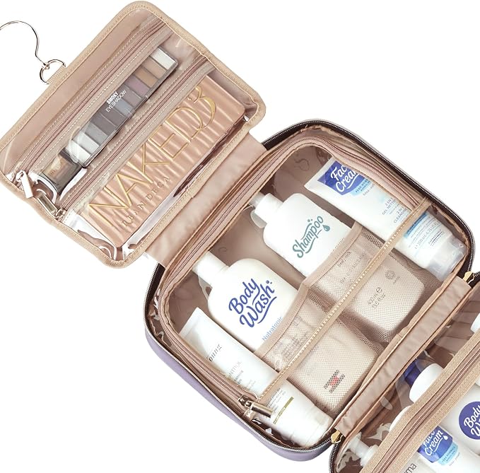 NISHEL Travel Toiletry Bag for women, Portable Hanging makeup Organizer | for Travel-Sized Shampoo, Conditioner, Brushes Set, makeup Accessories, Large Size, Purple - Image 4