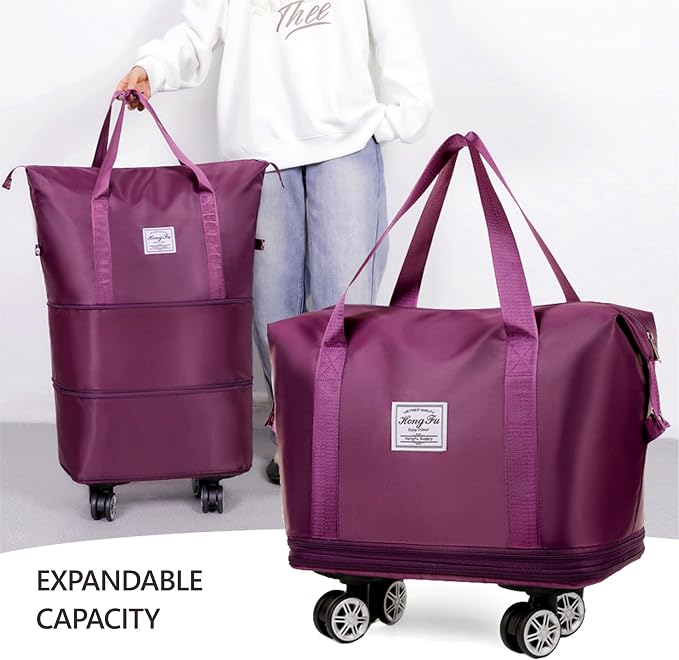 Expandable Foldable Duffel Bag with Detachable Rolling Wheels, Large Carry-On Luggage for Travel, Gym, Camping, Shopping, Business Trip (Purple) - Image 5