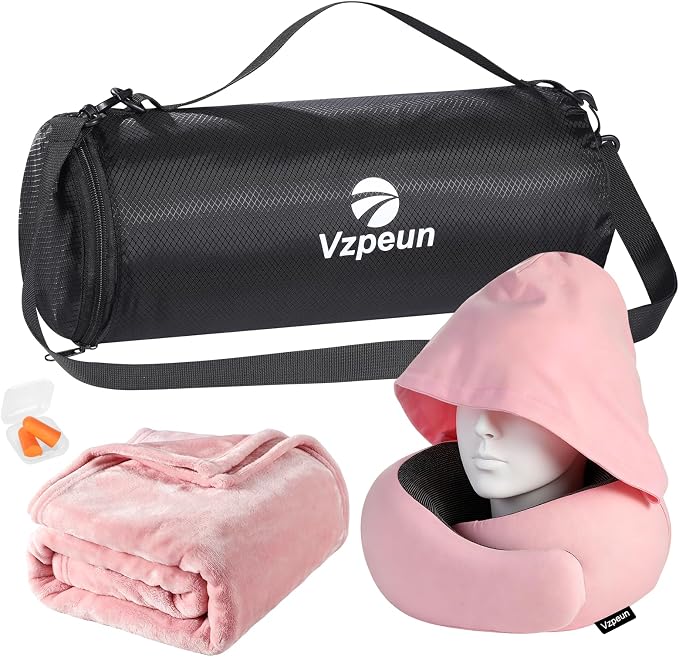 Travel Pillow and Blanket Set for Airplane, Hooded Memory Foam Neck Pillow | Soft blanket, privacy hood, earplugs, carry bag and memory foam neck support for airplane travel, long flights and road trips by Vzpeun
