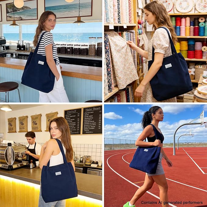 UERRUAM Corduroy Tote Bag for Women with Inner Pockets, Cute Go-to Bag | Slouchy Shoulder Bag for Everyday, Work, Books, Beach & Grocery Shopping, Lightweight Washable Foldable, Cloth Purse - Image 2