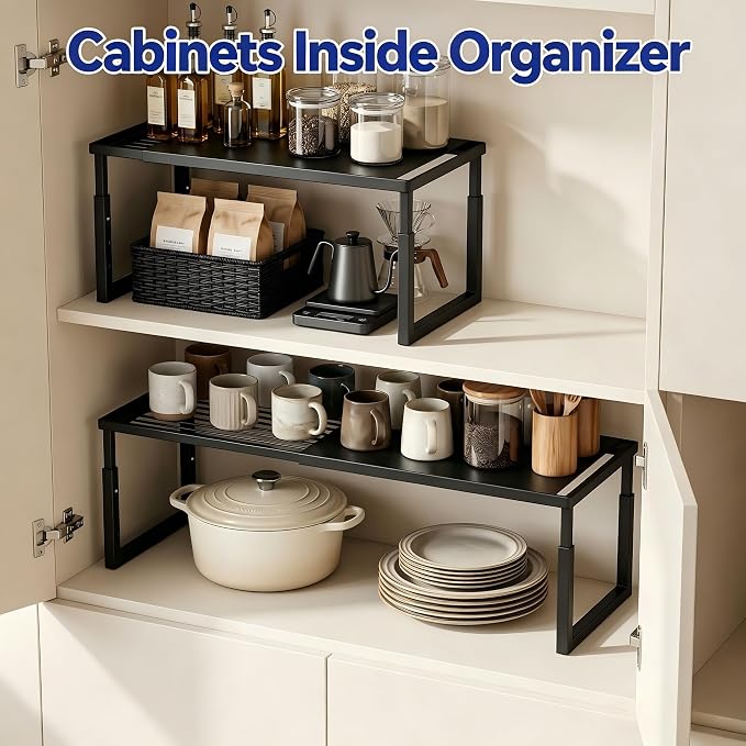 Expandable Cabinet Shelf Organizer, Stackable Countertop Shelves, Black | 15.8''- 25.5'' In Cabinet Shelf, Adjustable Kitchen Cabinet Organizer for Pantry Organizer, CupBoard Organizers and Storage - Image 4