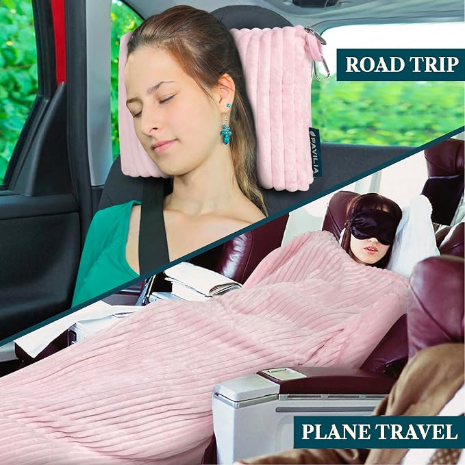 PAVILIA Travel Blanket Pillow, Soft Ribbed Fleece Airplane Blanket, Pink | 65x40, Compact Packable Plane Throw with Bag, Luggage Strap and Back Pocket, Cozy Flight Essentials Travelers Camping Gift - Image 6