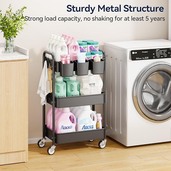 3 Tier Rolling Cart, Heavy Duty Metal Utility Cart with Wheel Black | Sturdy Rolling Storage Cart With Hooks & Hanging Cups, Great For Craft, Art Workspace, Kitchen ,Snack And Office Storage - Image 2