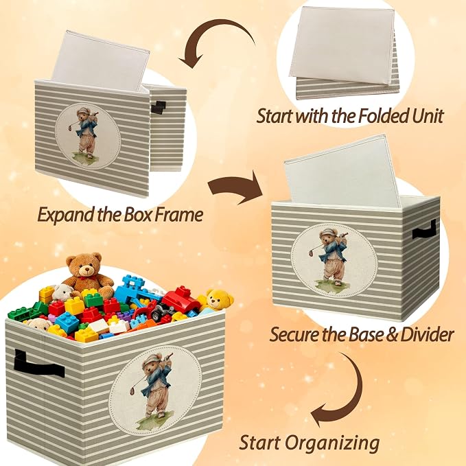 Rustic Bear Golf Storage Bins Boxes with Handles | toys books clothes, grey striped nursery foldable basket for organizing bedroom toddler room playroom - Image 6