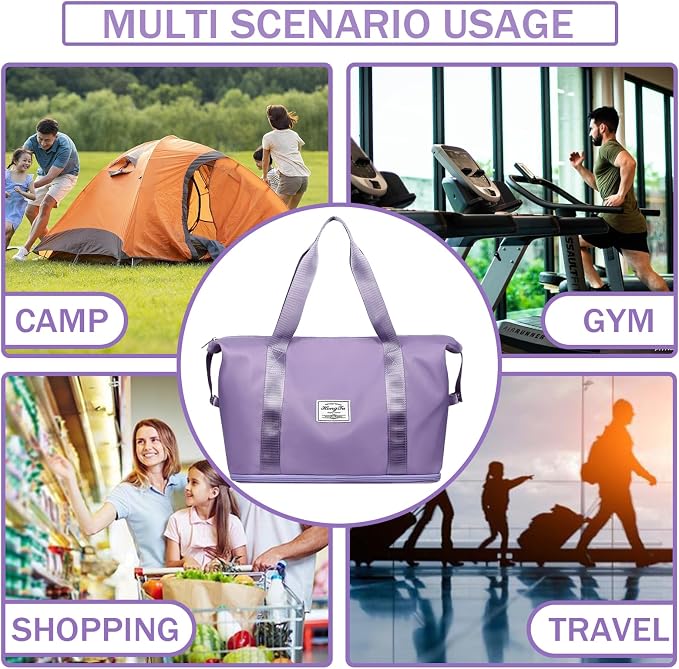 INVODA Travel Duffel Bag For Women and Men Waterproof Expandable Weekender Overnight Carry On Tote Bag Dry Wet Separation Swim Sports Travel Gym Bag (Purple) - Image 9