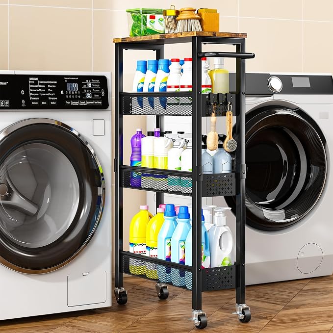 Slim Storage Cart with Wheels, 4 Tier Metal Rolling Organizer with Wood Top and Handle, Narrow Utility Shelf for Kitchen Bathroom Laundry Room, Black by Unknown