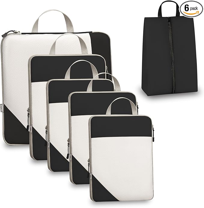 Compression Travel Packing Cubes with White Mesh, Black, 6Pcs | Waterproof fabric and See-Through Mesh, Space-Saving Compression Organizer for Travel and Daily Clothes Storage by Unknown
