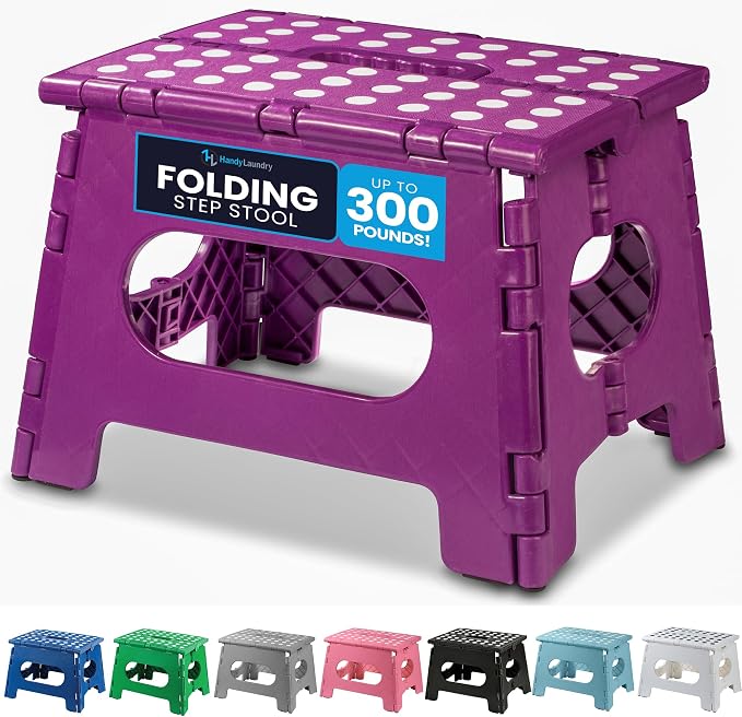 Handy Laundry Folding Step Stool 9 Inch, Purple, Non-Slip Holds 300 lbs | 9 Inch, Purple, Foldable Collapsible Step Stool, Non-Slip, Holds 300 lbs, Kitchen Bathroom Bedroom, Adults by Handy+Laundry
