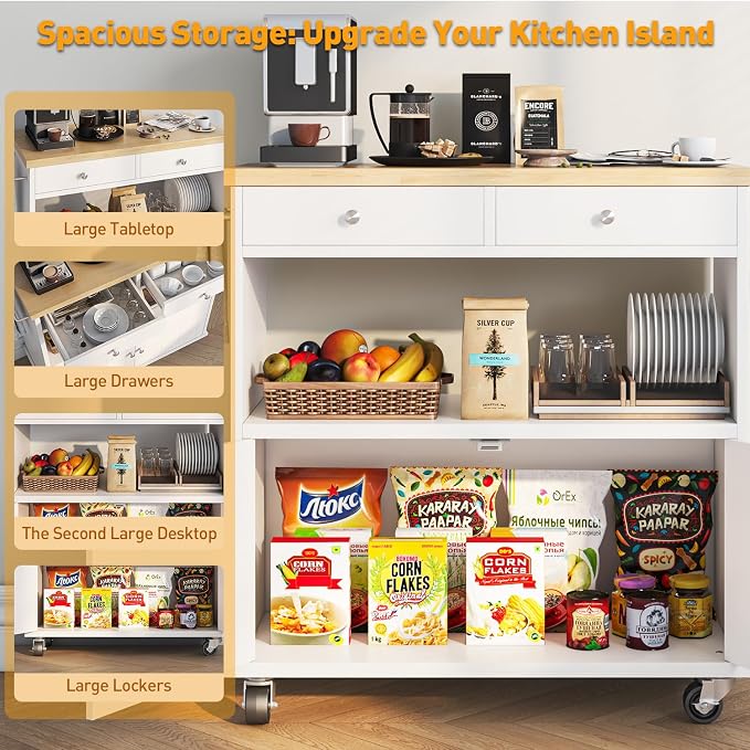 knoworld Rolling Kitchen Island with Storage Cabinet, 35.4'' Width Kitchen Cart, 2 Drawers Island Table, Portable Mobile Kitchen Island with Towel Rack, Wood Top and Lockable Wheels, White - Image 9