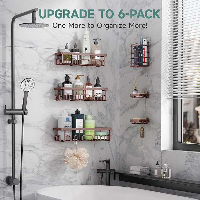 Veken Shower Caddy 6-Pack, No Drilling & Rustproof, Waterproof Adhesive Shelves Rack with Soap Holder, Large Capacity Bathroom Organizers and Storage, Wall-Mounted Kitchen & Home Decor - Image 6