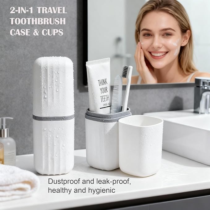 2-in-1 Travel Toothbrush Holder, Dustproof Toothbrush Travel Case with Mouthwash Cup, Portable Toothpaste Toothbrush Container for Traveling School Camping Business Trip Bathroom - Image 2